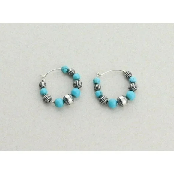 Sterling Silver Created Turquoise Bead Hoop Earrings - Picture 7 of 7